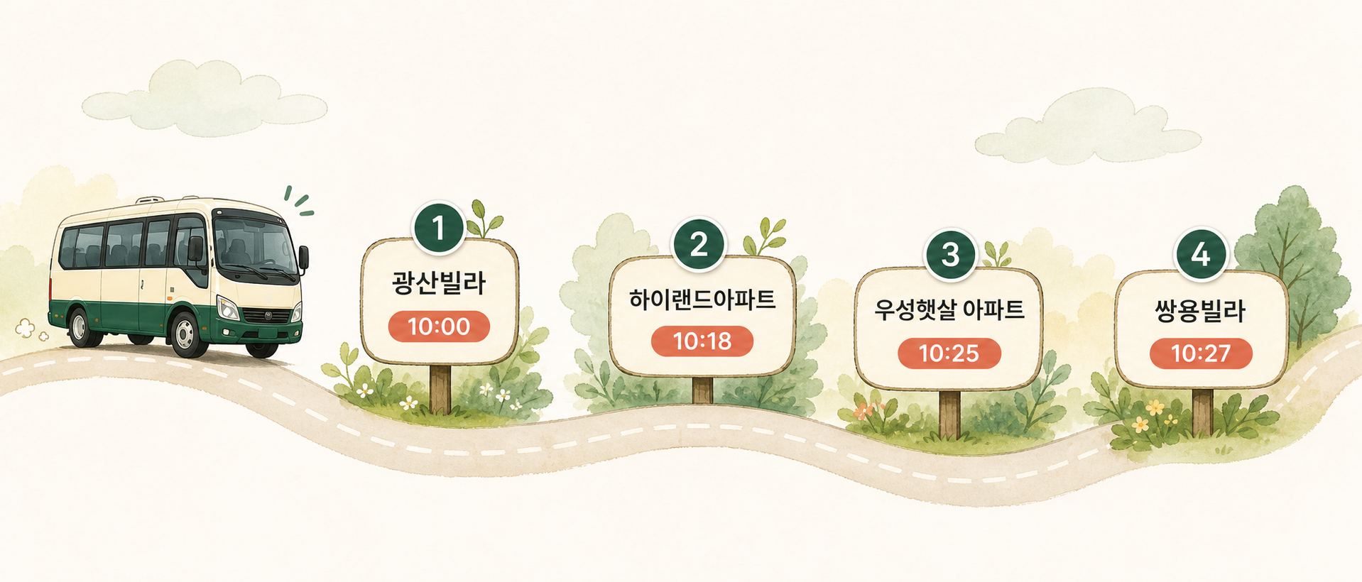 광산빌라 오전 10시, 하이랜드아파트 오전 10시 18분, 우성햇살 아파트 오전 10시 25분, 쌍용빌라 오전 10시 27분 순서로 운행하는 주일 교회 차량 노선